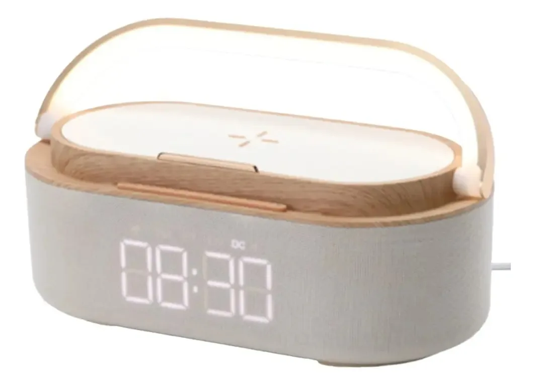 Alto-falante Bluetooth Bixuej, despertador digital de 1800mAh com carregador sem fio, relógio, luz de rádio, alto-falantes duplos, cabeceira, casa