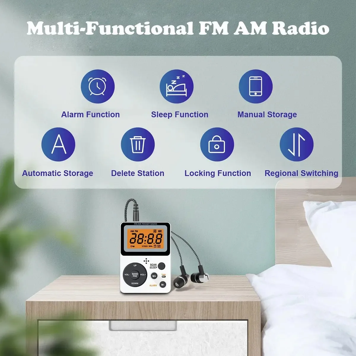 Tesrgre Mini Rádio FM AM Rádio Portátil Tela LCD Retroiluminada 87-108MHz Receptor de Rádio com Fones de Ouvido-Plugue Europeu