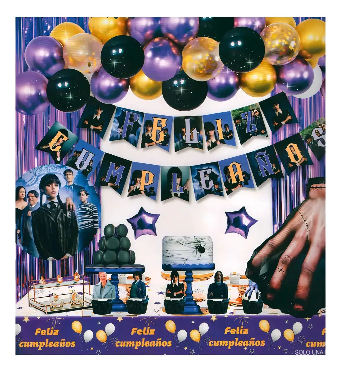 Buquê de balões Merlina Addams, preto e roxo, decoração de festa