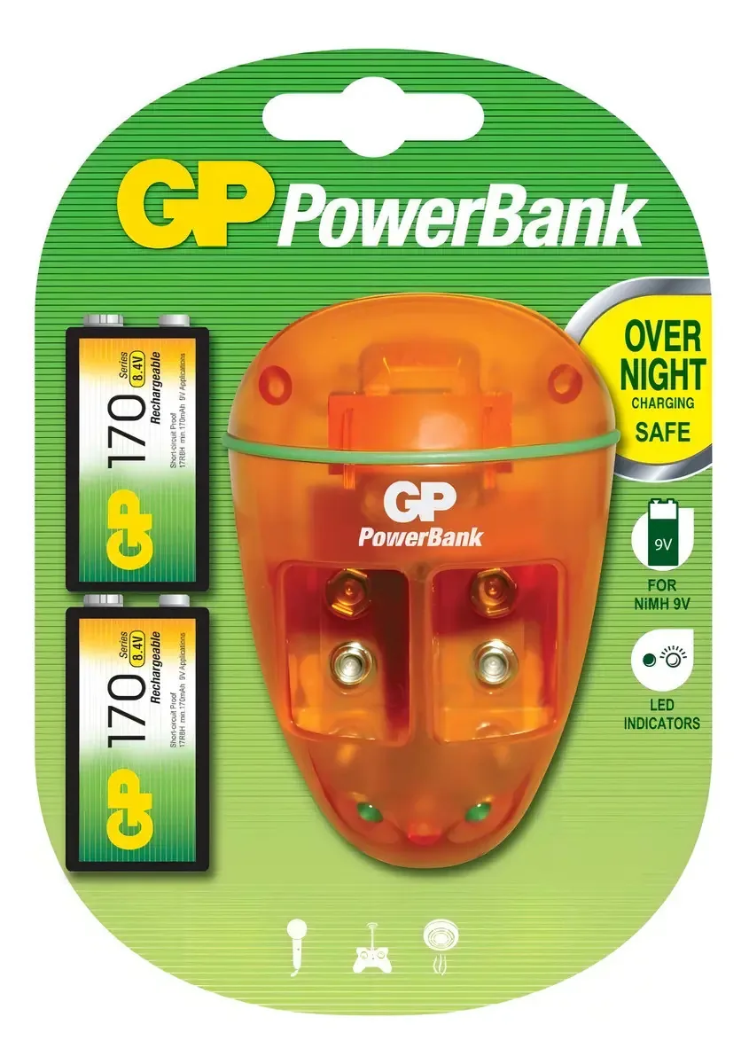 Baterias recarregáveis de 9v com 2 baterias e carregador de 170mah