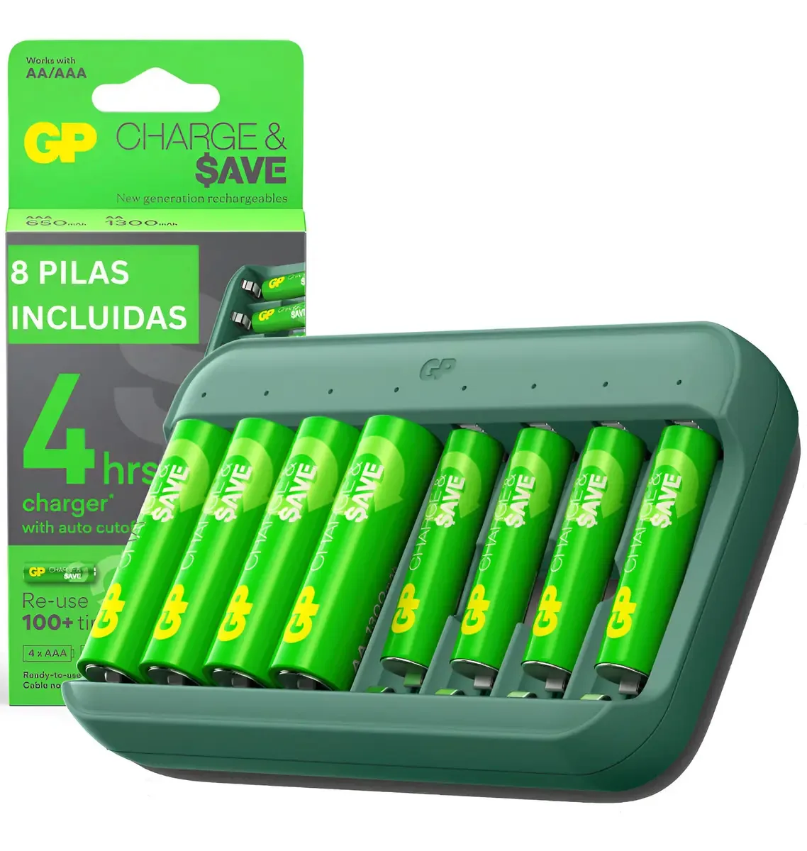 Carregador de bateria recarregável Aa e Aaa Gp + 8 pilhas Aa, Aaa