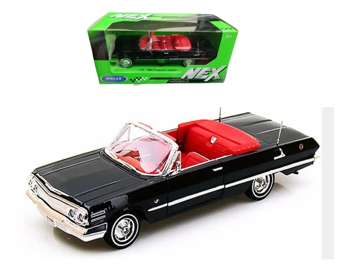 Chevrolet Impala 1963 conversível em escala 1:24 em metal, cor preta