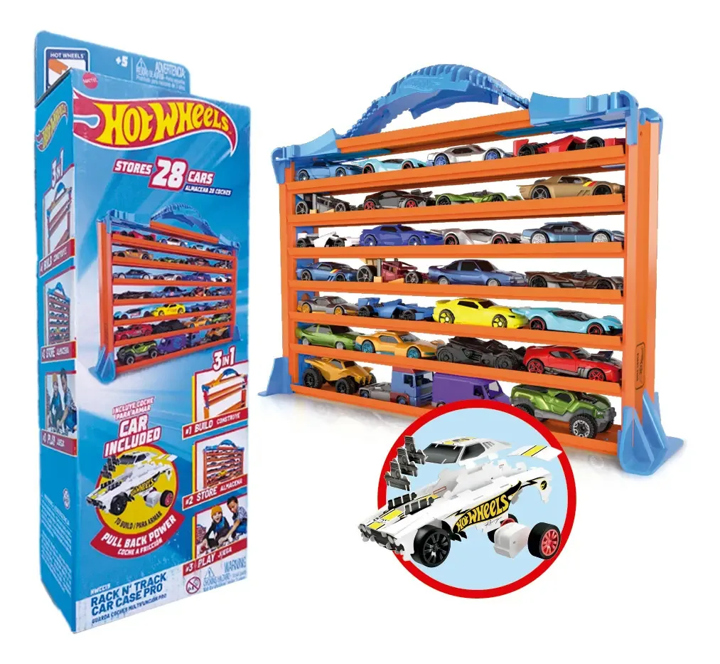 Rack de carro Hot Wheels para 28 carros, pistas de rampa 3 em 1 e carro para construir