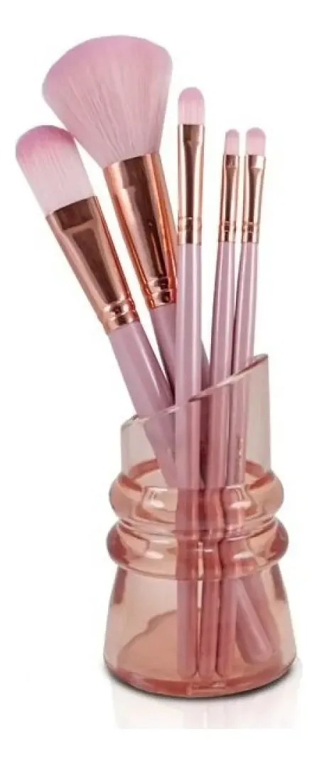 Kit Profissional Blush 5 Pinceis De Maquiagem Rosa + Suporte