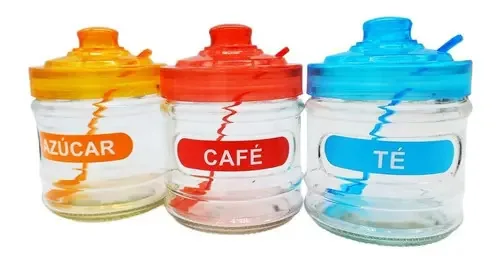 Frascos de vidro com tampa, etiqueta, conjunto de colheres X3, café, açúcar e chá