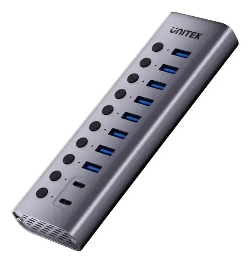 Hub USB-c 10 em 1 da Unitek com switch 8 USB-a + 2 USB-c cor cinza