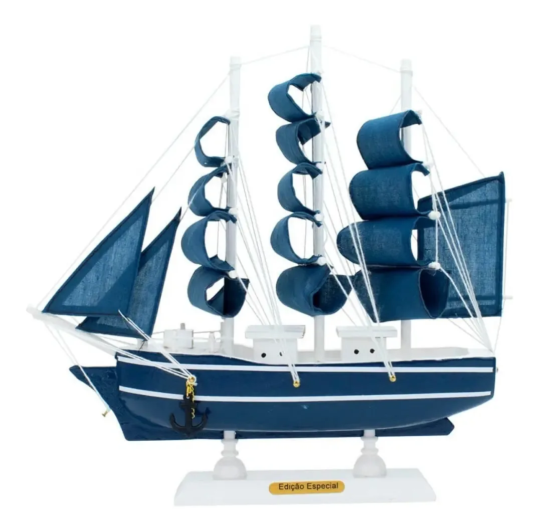 Miniatura Barco Navio Veleiro Madeira Casco Azul 22x4x22cm