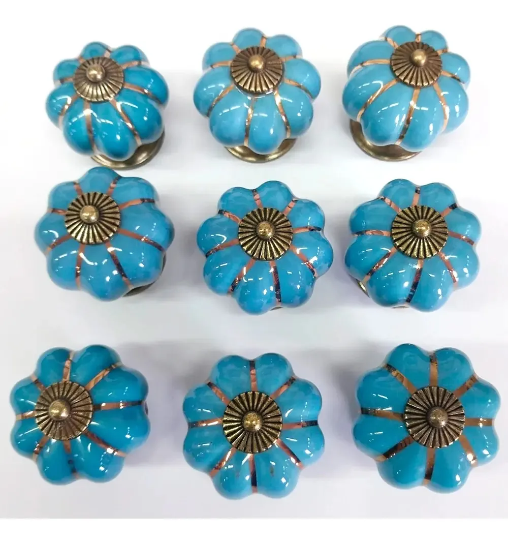 10 Puxador Abobora Porcelana Gaveta Com Pequenas Falhas Cor Azul