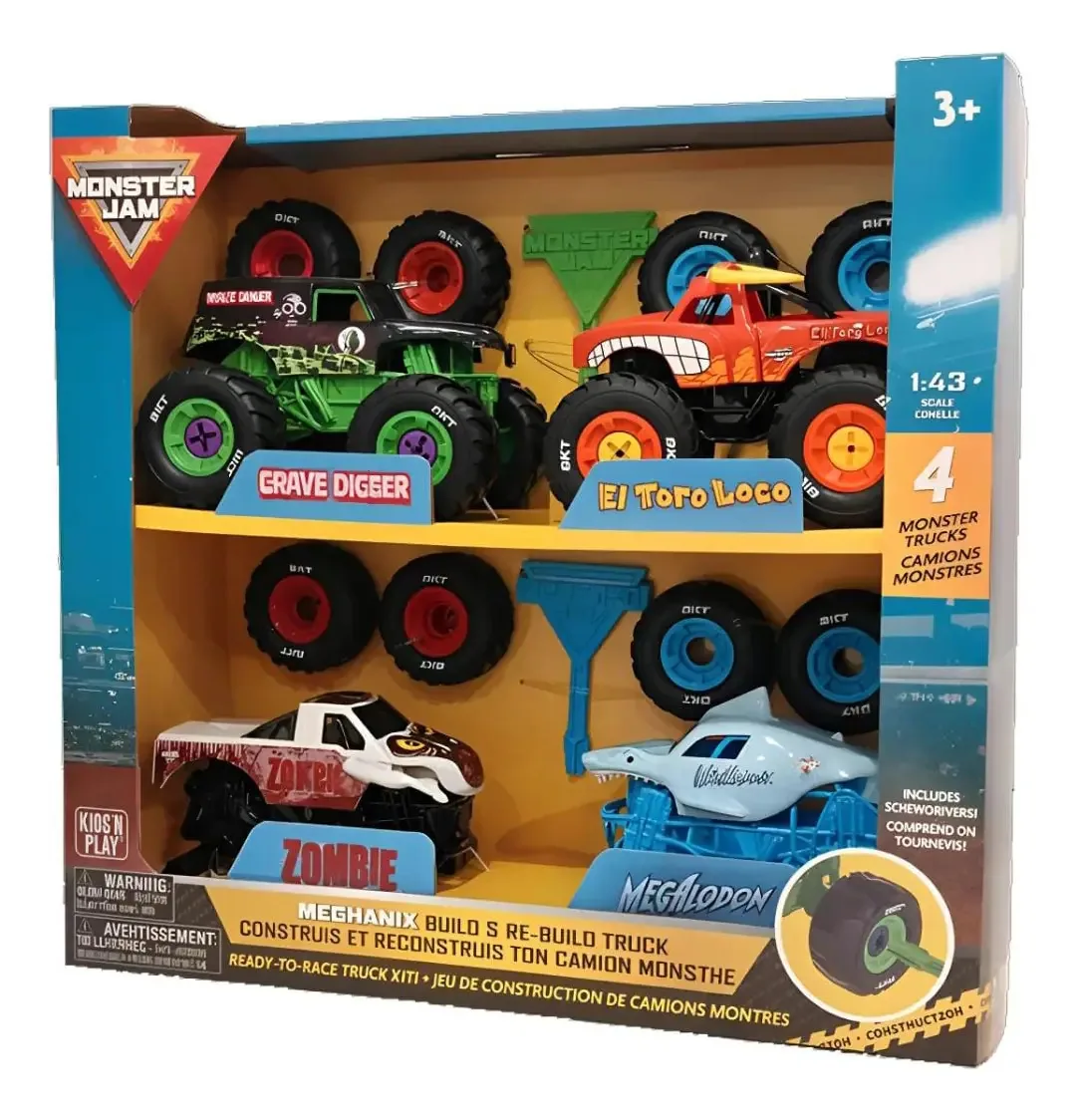 Caminhões Monster Jam Pack X4 para montagem de caminhões em escala 1:43, pacote de 4 unidades multicoloridas