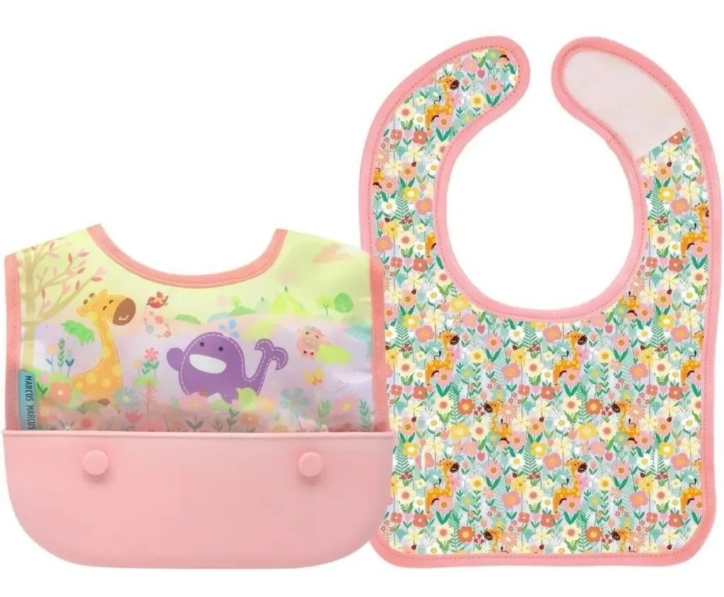 Kit 2 Babadores Bebê Bolso Coletor Migalhas Marcus & Marcus Garden Rosa