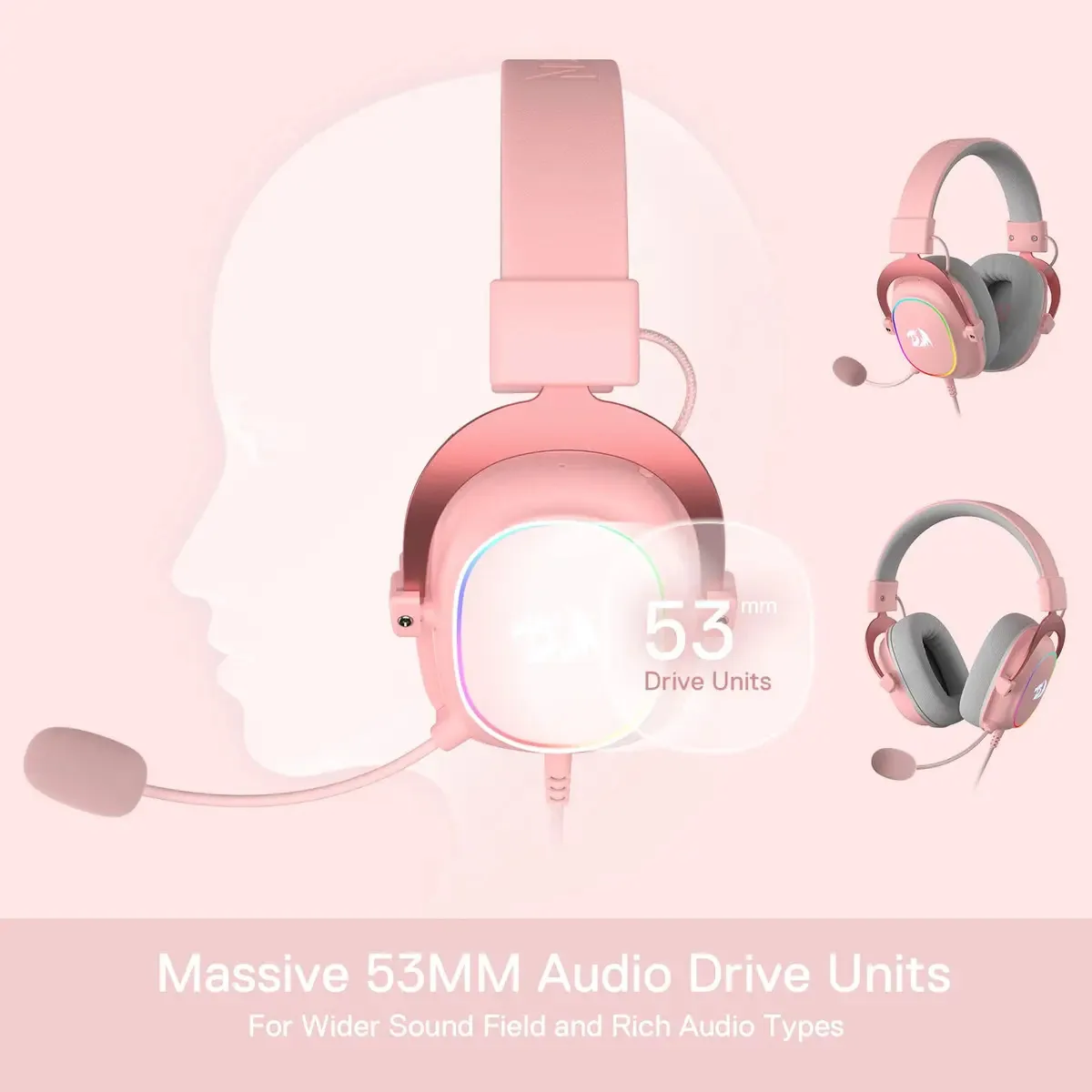 Redragon H510 Zeus-x Rgb - Fones de Ouvido para Jogos com Fio Rosa - Som Envolvente 7.1 - Drivers de Áudio de 53 Mm em Almofadas de Espuma Viscoelástica com Cobertura de Tecido