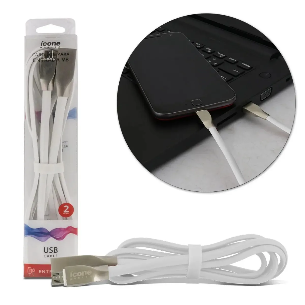Cabo Carregador Dados Micro Usb V8 Branco Reforçado 2 Metros