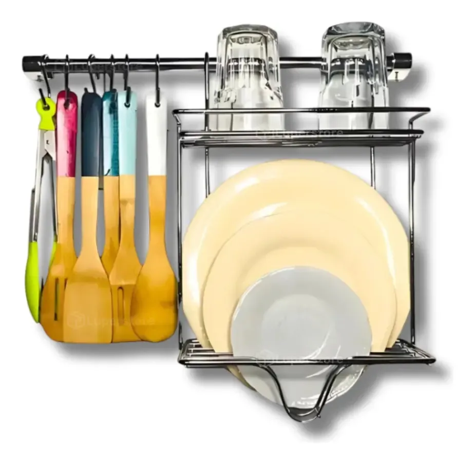 Prateleira de louça simples cromada com 6 ganchos S e barra cromada de 45 cm