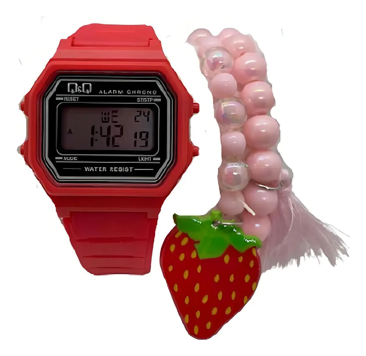 Relógio Vermelho Infantil Qeq Acompanhado De 2 Pulseiras