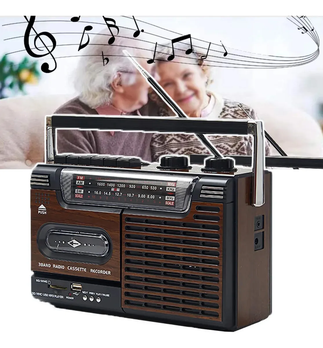 Leitor de cassetes Qiebny, toca-fitas de rádio retrô, rádio de 4 bandas, carga da bateria/uso de energia, rádio+toca-fitas e cartão plugável, uso doméstico,