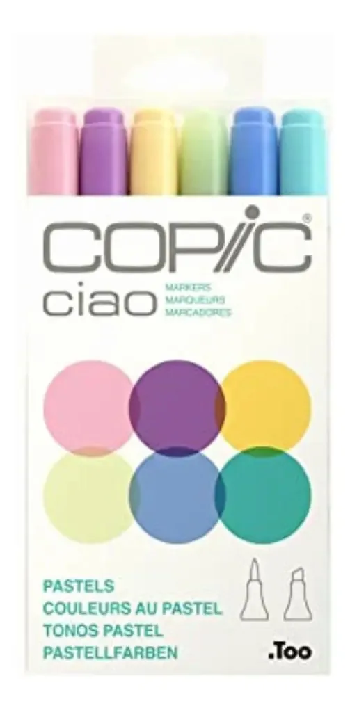 Marcadores Ciao Copic Marker i6-pastl, pastéis, pacote com 6 cores pastéis — Rv21, V04, Y21, Yg11, B23 e Bg15