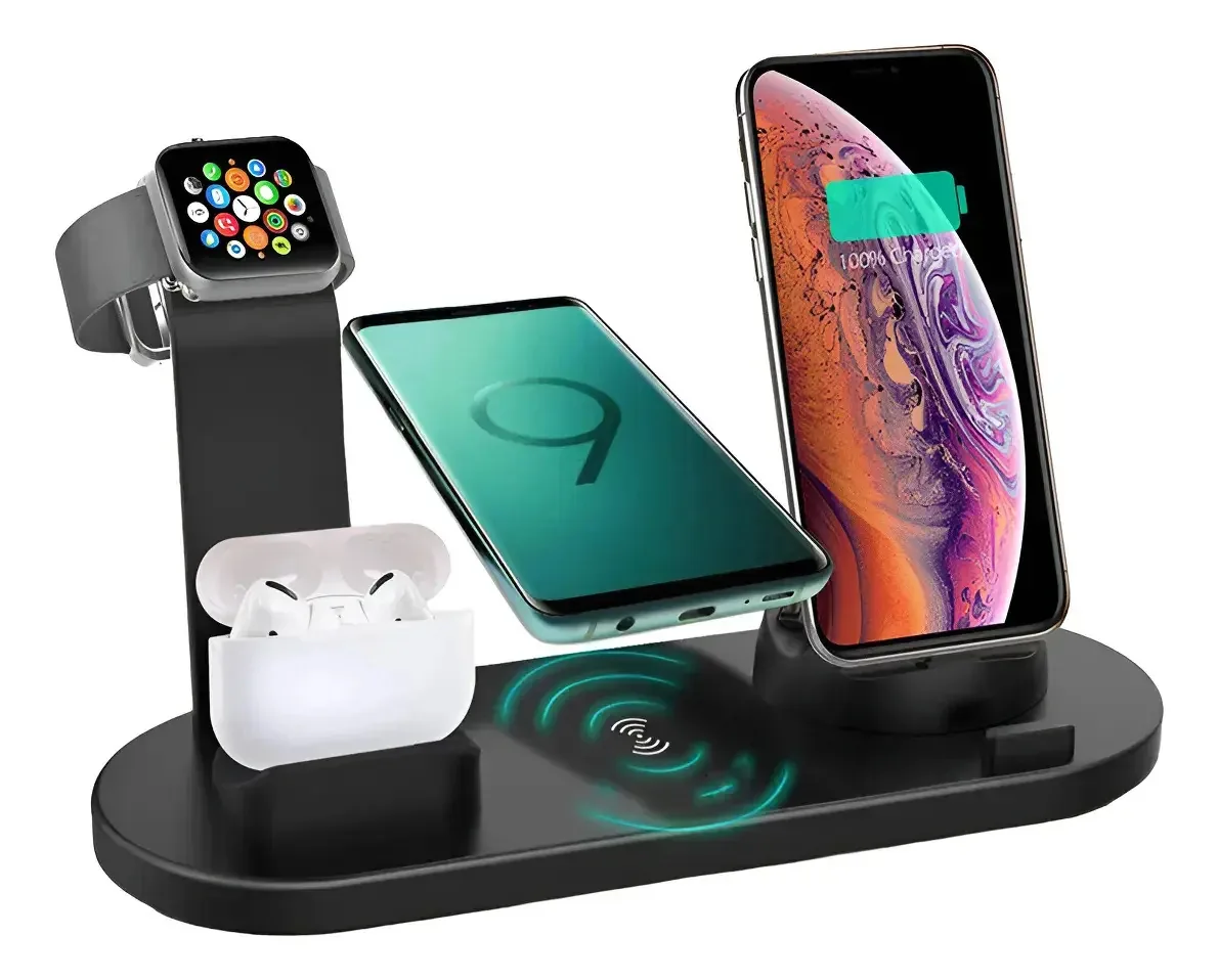 Carregador Wireless 4 Em 1 Para iPhone Samsung E Apple Watch | Suporte Carregador Portátil Com Base Plástica| Entrada Tipo C | 20w Qc3.0 | Compatível Com Todos Celulares