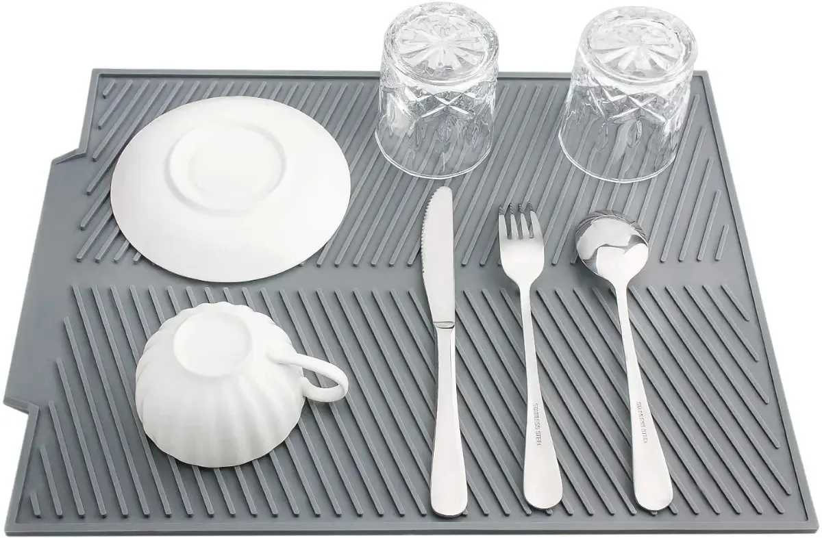 Tapete de drenagem de silicone, copos, pratos, bar de cozinha, cor: cinza