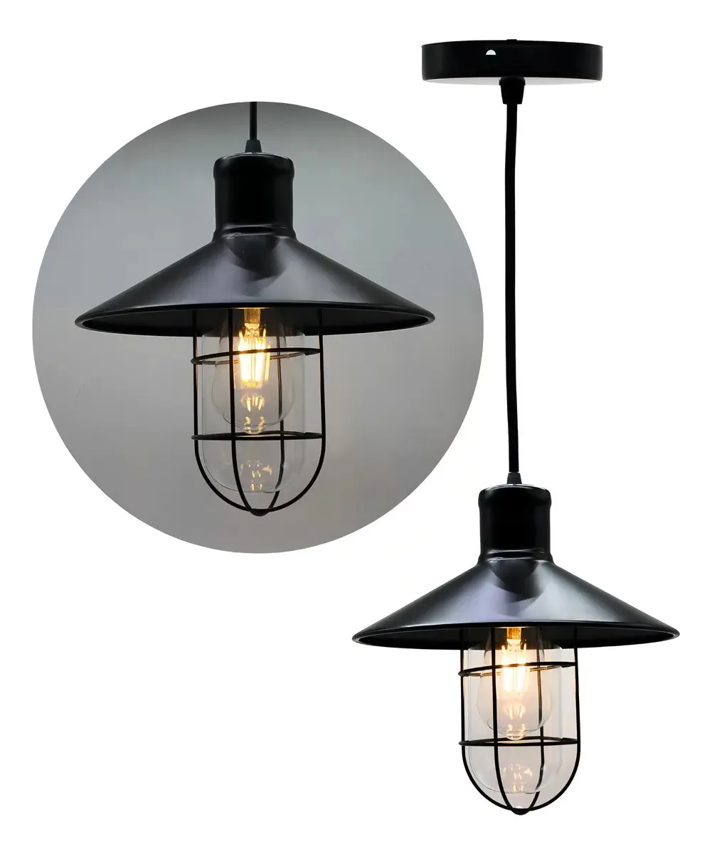 Luminária suspensa minimalista vintage, ferragens, chapéu chinês, estrutura preta