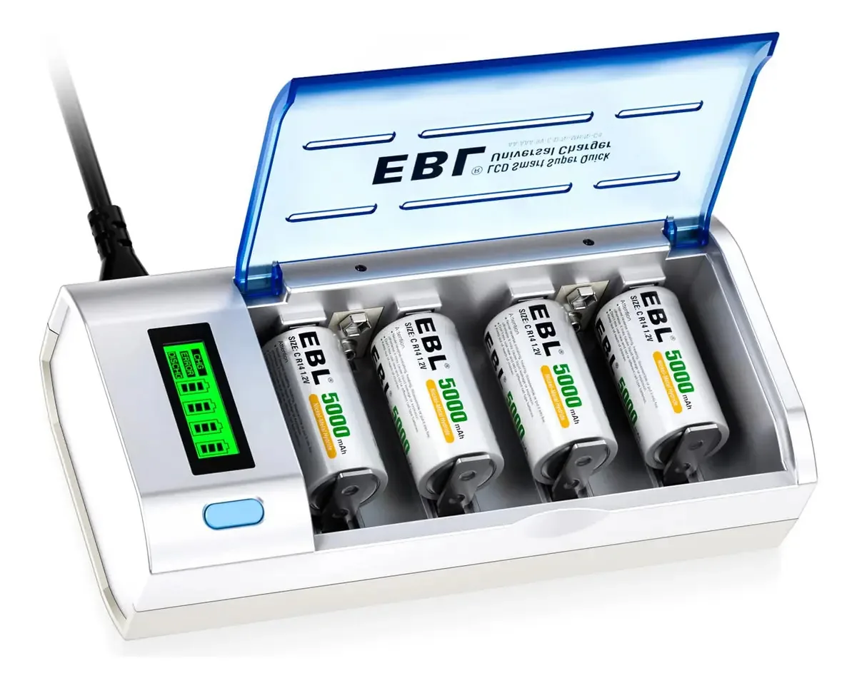 Carregador Inteligente Ebl 906 para Pilhas Recarregáveis AA AAA C D de 9 V com 4 Pilhas Recarregáveis C de 5000 mAh