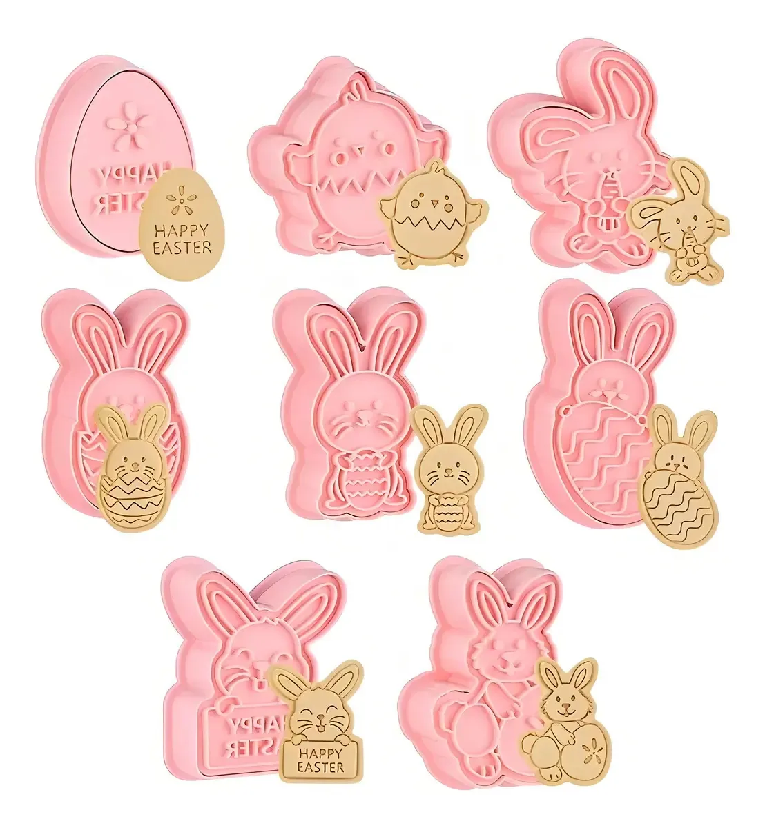 Cortadores de biscoitos X4 Easter Bunny, moldes para biscoitos, coelhos, ovos de páscoa, moldes, itens de pastelaria, conjunto de pastelaria, 8 unidades