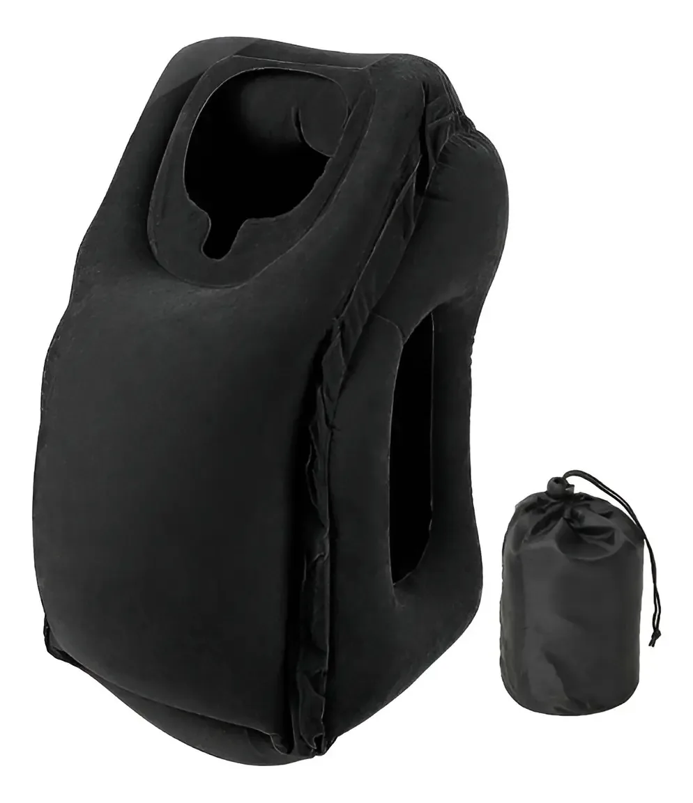 Almofada de viagem relaxante, almofada de pescoço inflável, cor preta