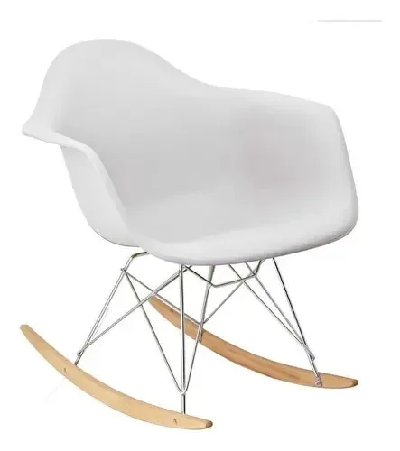 Cadeira de balanço clássica Eames com apoios de braços, cor da estrutura da cadeira, cor do assento de madeira, branco