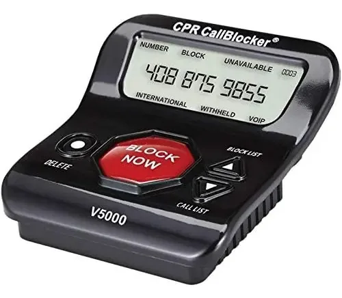O bloqueador de chamadas Cpr V5000 bloqueia todas as chamadas automáticas, fraudulentas e indesejadas de telefones fixos. Ele bloqueia todas as chamadas irritantes ao tocar em um botão