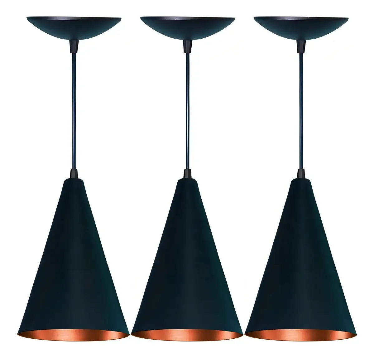 Kit 03 Luminárias Pendente Cone Preto Fosco E Cobre
