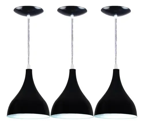 Kit 3 Lustres Gota Grande Em Alumínio Cor Preta Brilhante