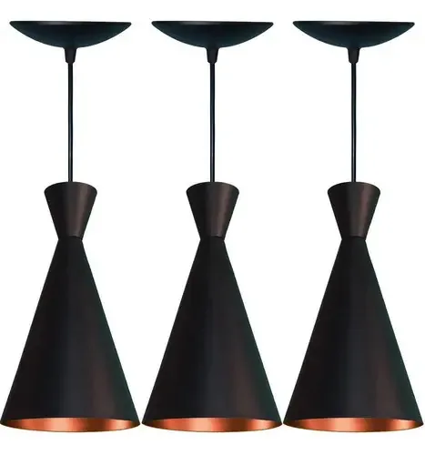 Kit 3 Pendentes Cone Preto Fosco E Cobre