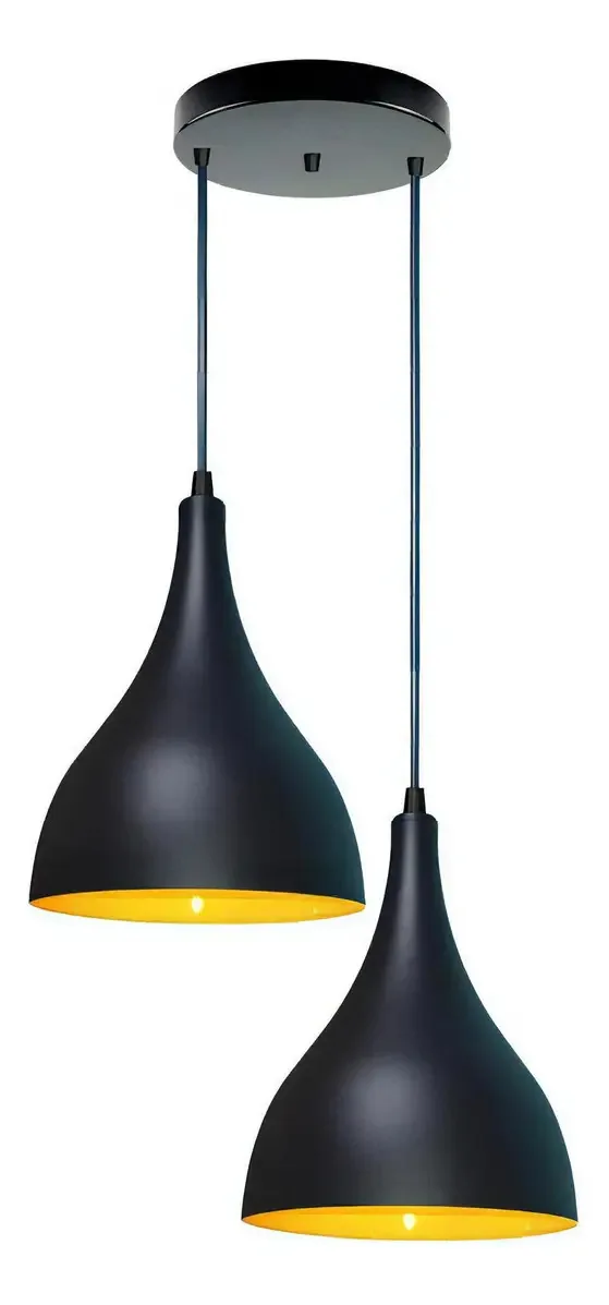 Lustre Pendente Duplo Gota Em Alumínio Preta Fosca E Amarela