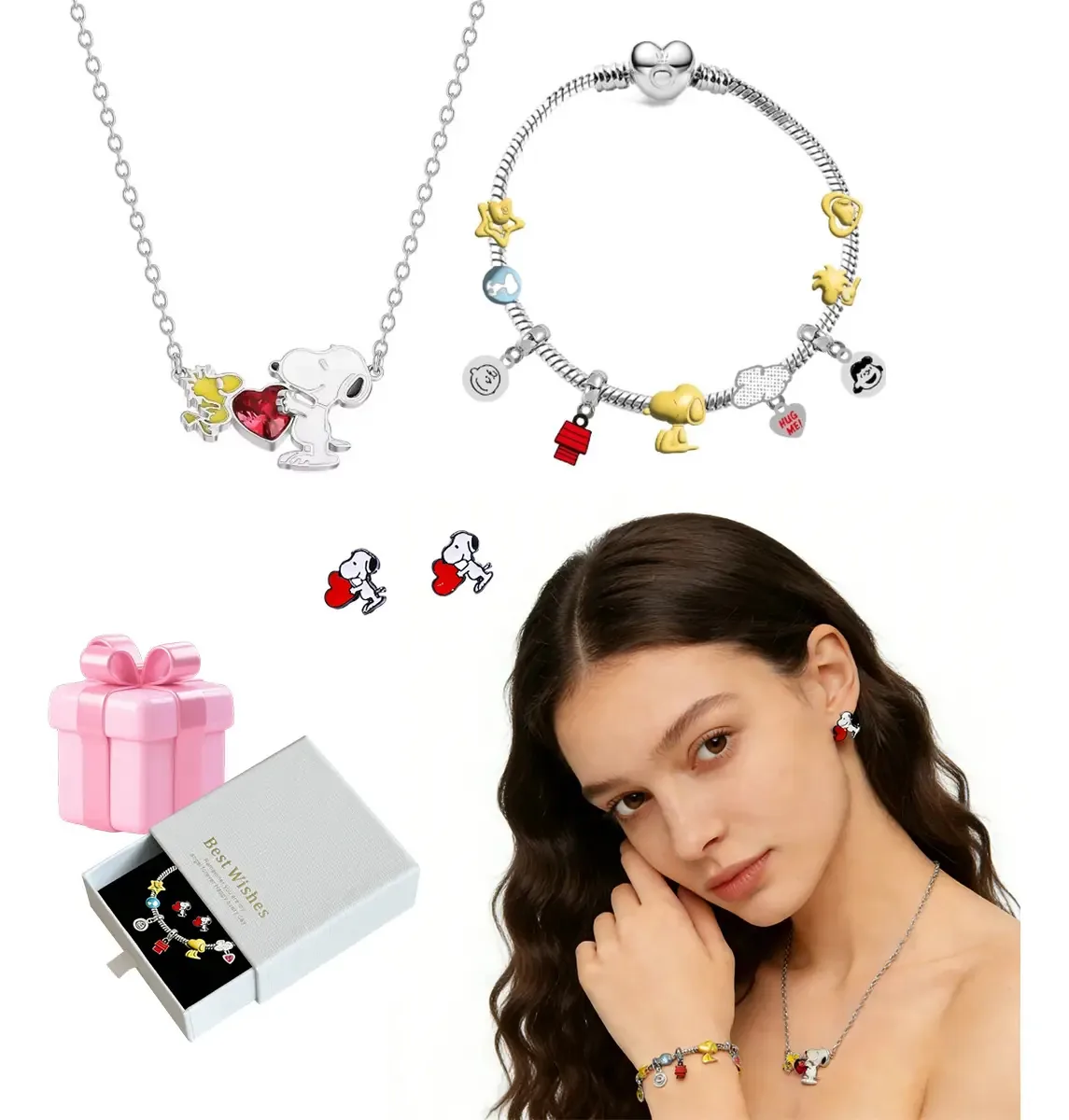 Conjunto de pulseiras e colares Snoopy, 3 peças, joias femininas com pingente ajustável, vem com uma caixa de presente, um presente de Dia dos Namorados