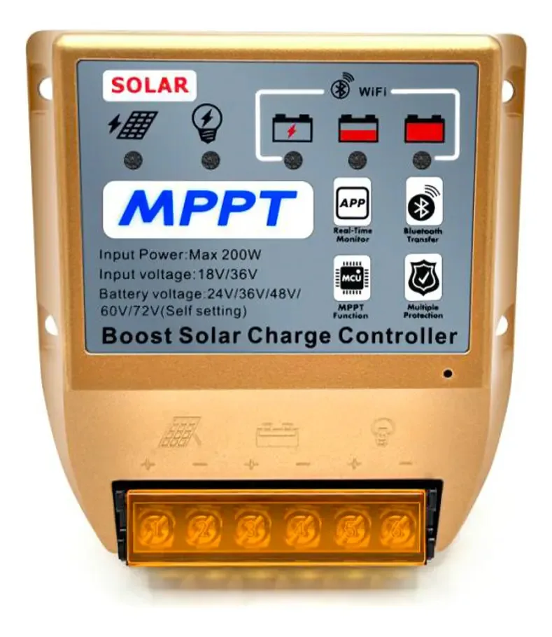 Controlador de carga solar tipo Yolta 30a Mppt Boost Controle remoto Bluetooth. O PV18v carrega baterias de 24 V/36 V, enquanto o PV36v carrega baterias de 48 V/60 V/72 V.
