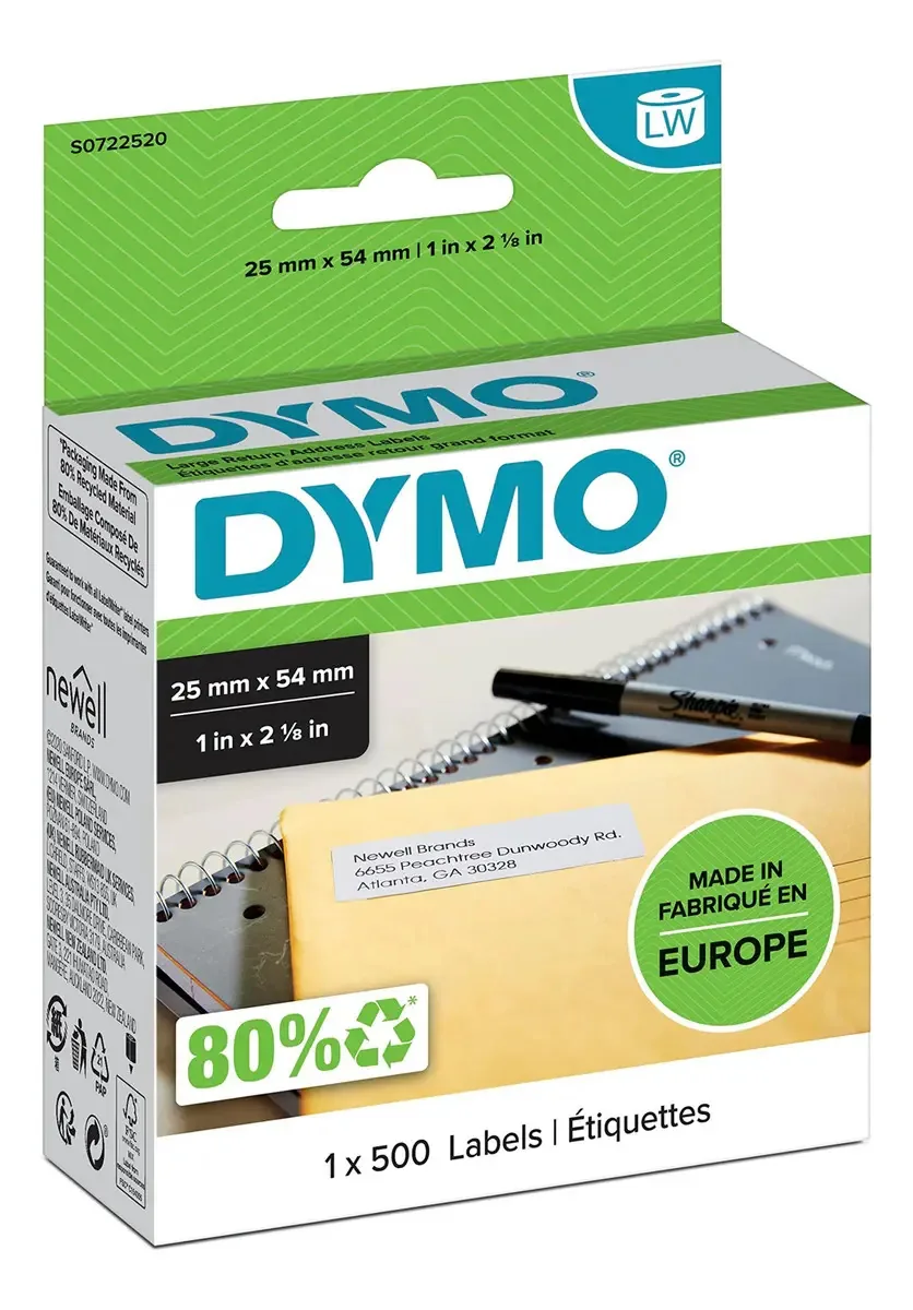 Etiquetas de endereço de devolução grandes Dymo de 25 mm x 54 mm, 1 rolo de 500 etiquetas autoadesivas fáceis de descascar, para etiquetadoras Labelwriter, autênticas