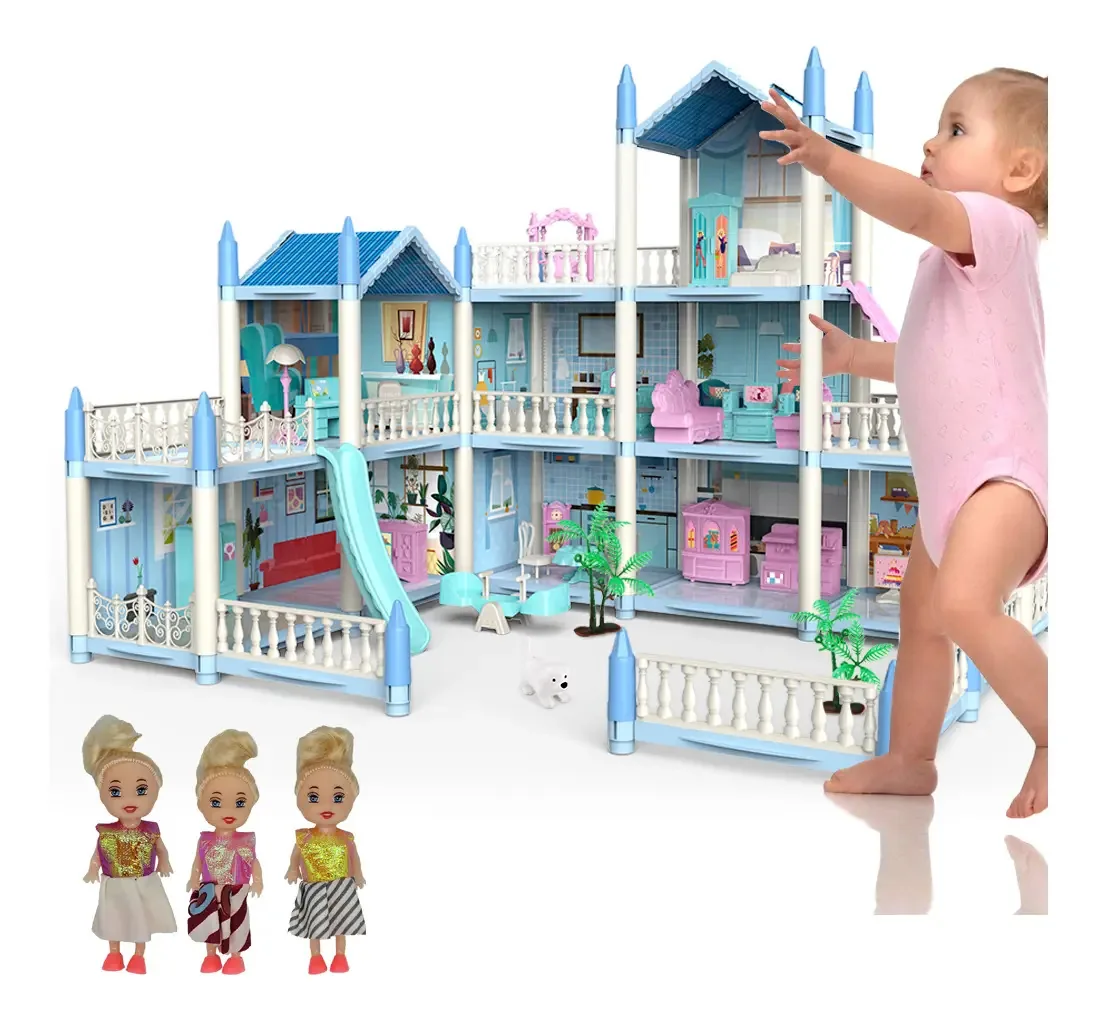 Casa de bonecas com mobília, 9 quartos, 3 bonecas, 61,1x40,6x47,6 cm, casa de bonecas para crianças