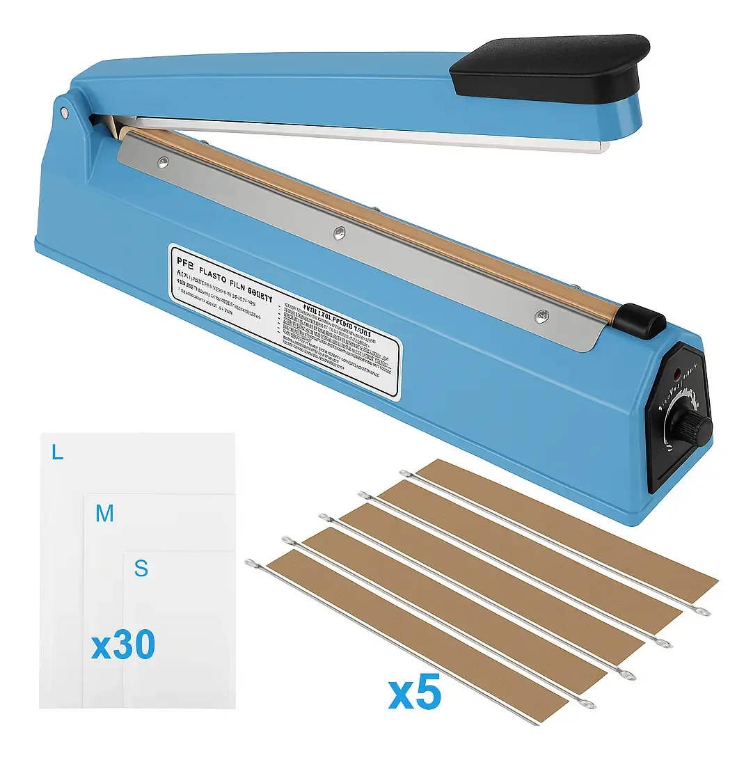 Seladores de sacos, 30 cm de comprimento de vedação, seladores por impulso, 8 configurações de temperatura, presente de plástico reforçado com largura, 30 sacolas e resistores para máquina...