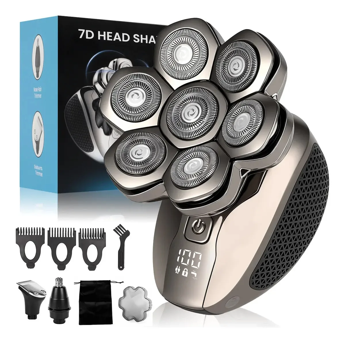 Barbeador elétrico para homens, barbeador de cabeça careca 7d impermeável Ipx7, kit de higiene multifuncional 3 em 1 com tela LED, recarregável por USB, uso seco e úmido, presente para homens