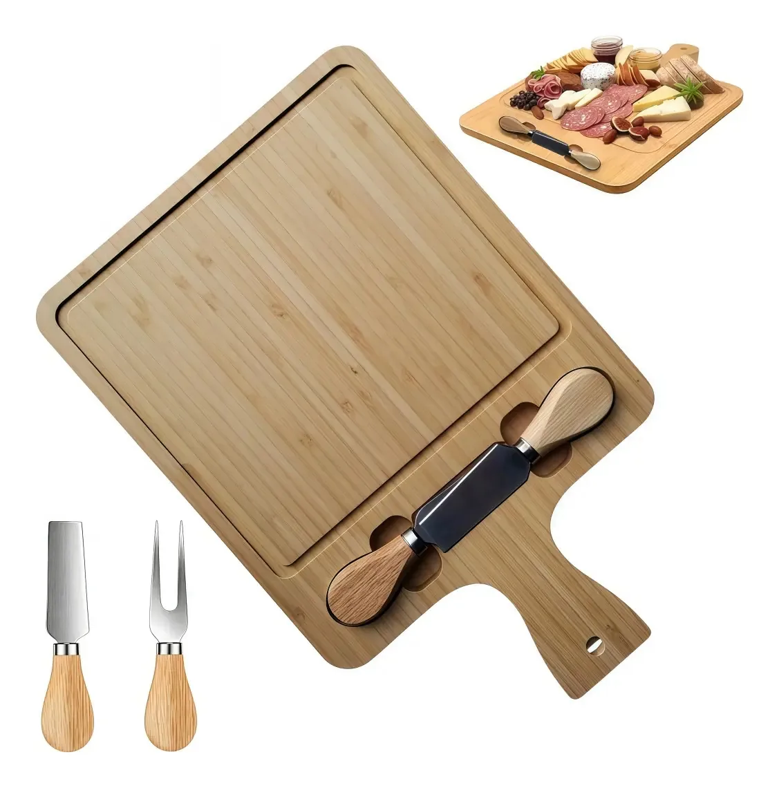 Tábua retangular de queijos de bambu com 2 facas para queijos, carnes frias, frutas, pães e sobremesas, design funcional