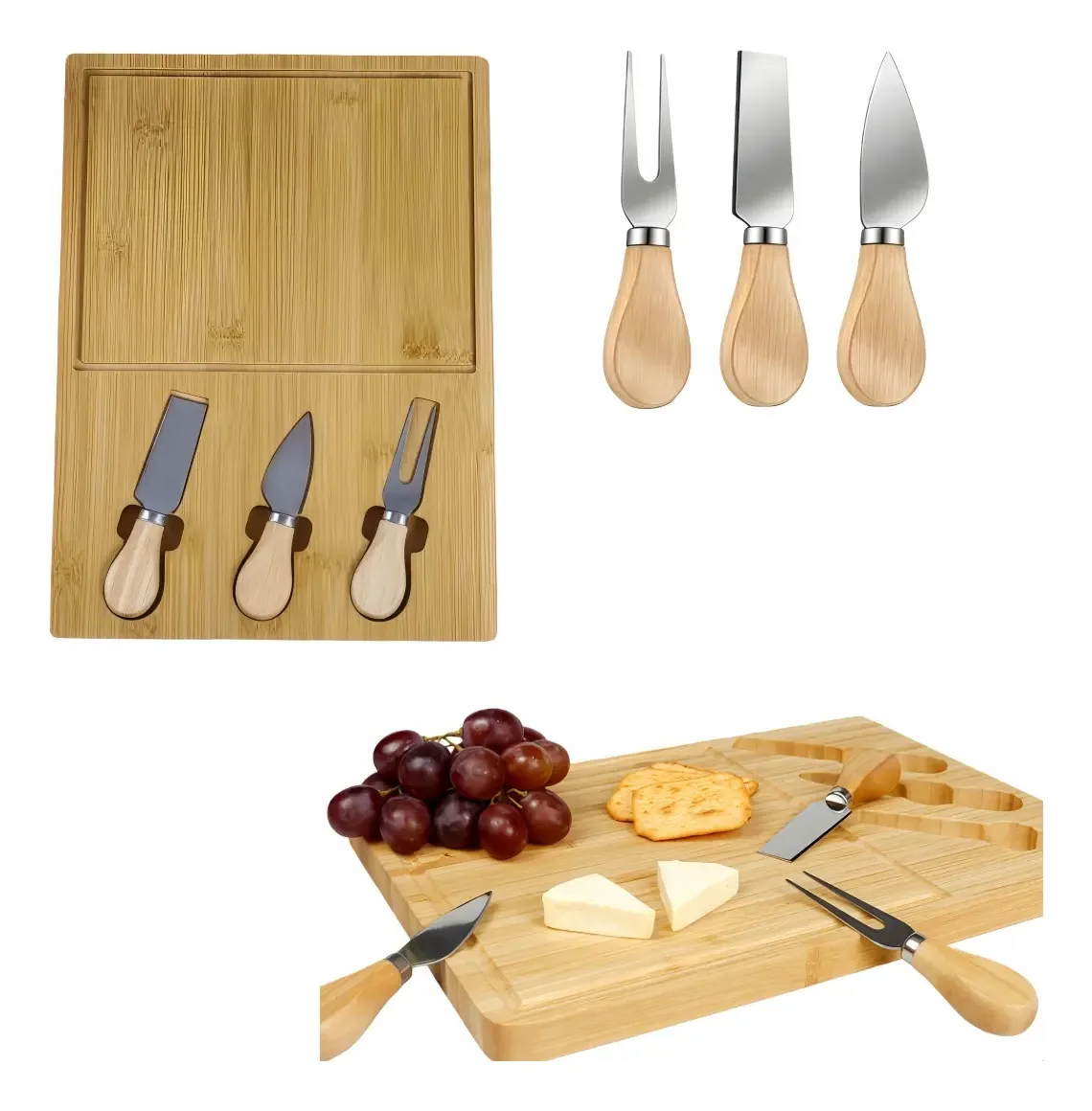 Grande tábua de bambu com 3 facas de queijo, queijos, carnes e lanches fortes e duráveis de 40x30cm