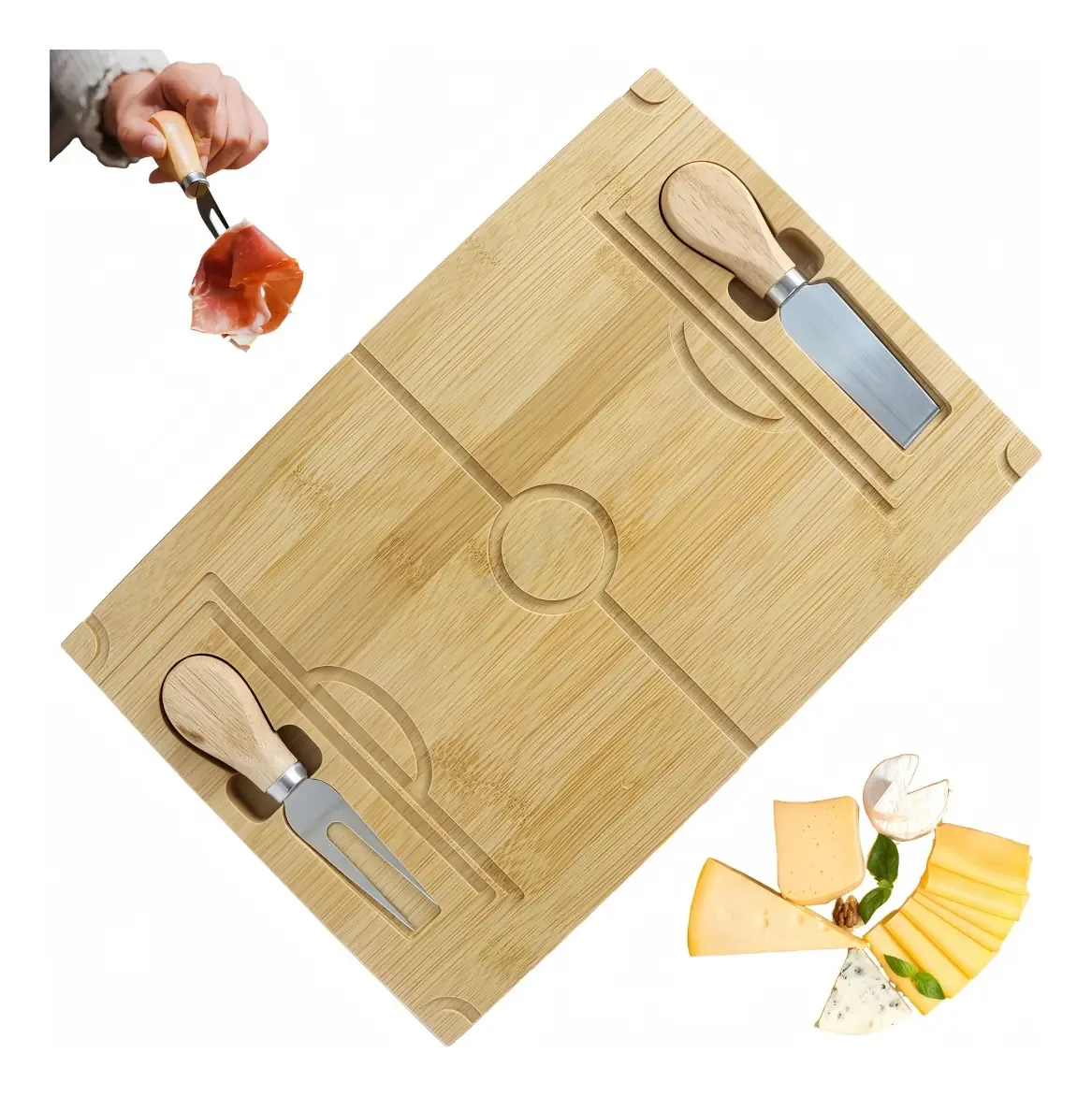 Tábua multiuso de madeira para queijos, carnes frias, queijos ou frutas com utensílios 29,5 cm x 19,5 cm Reuniões, presentes ou decoração