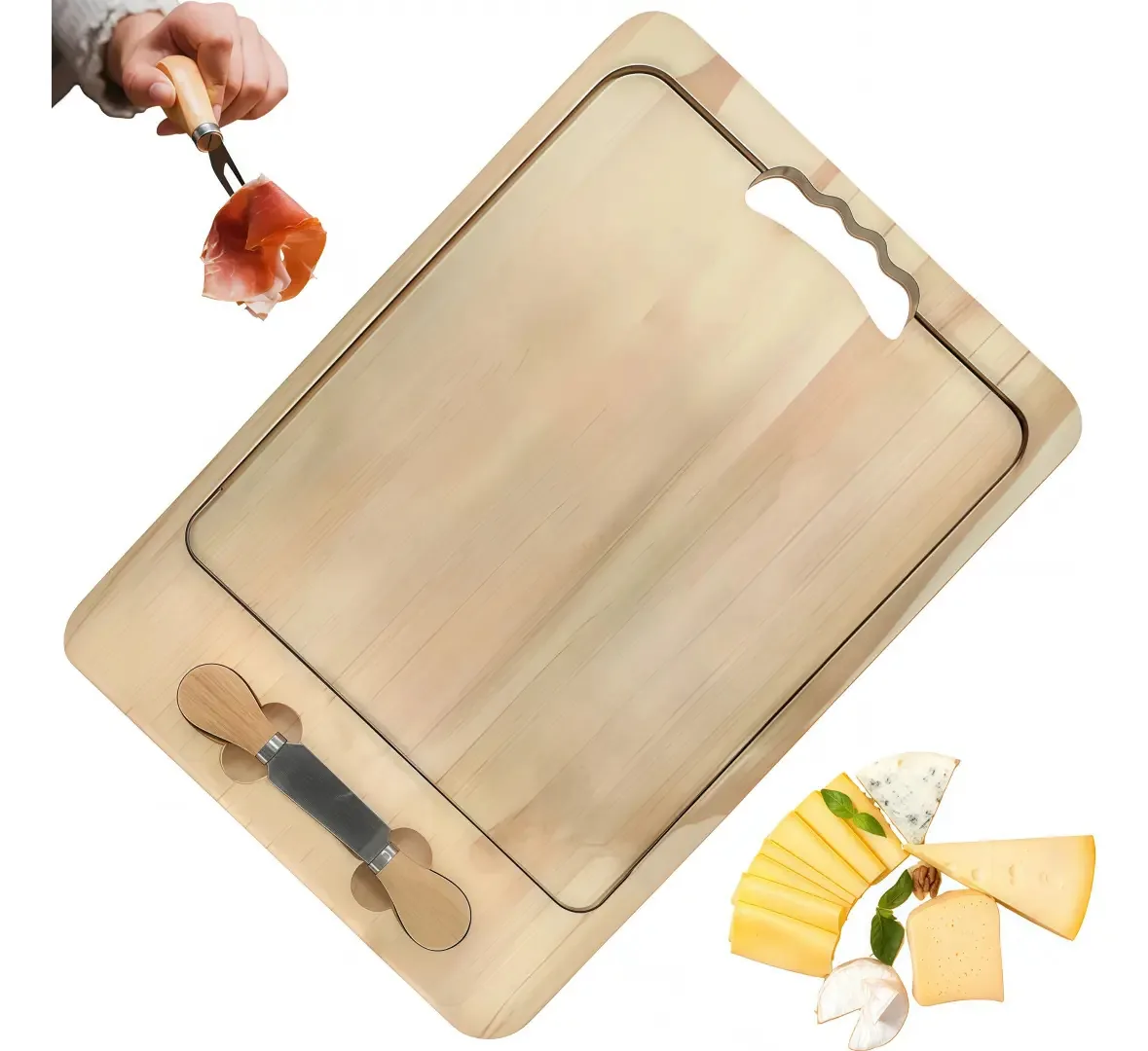 Tábua de queijos de madeira, facas de 29,5 x 39,5 cm, incluindo lanches, queijos e charcutaria