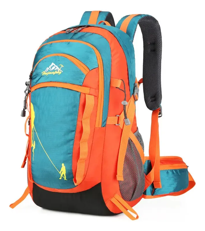 Mochila Impermeável Viajem Montanhismo Apoio Alumínio Costas Cor Lago Azul Laranja Desenho Do Tecido Liso