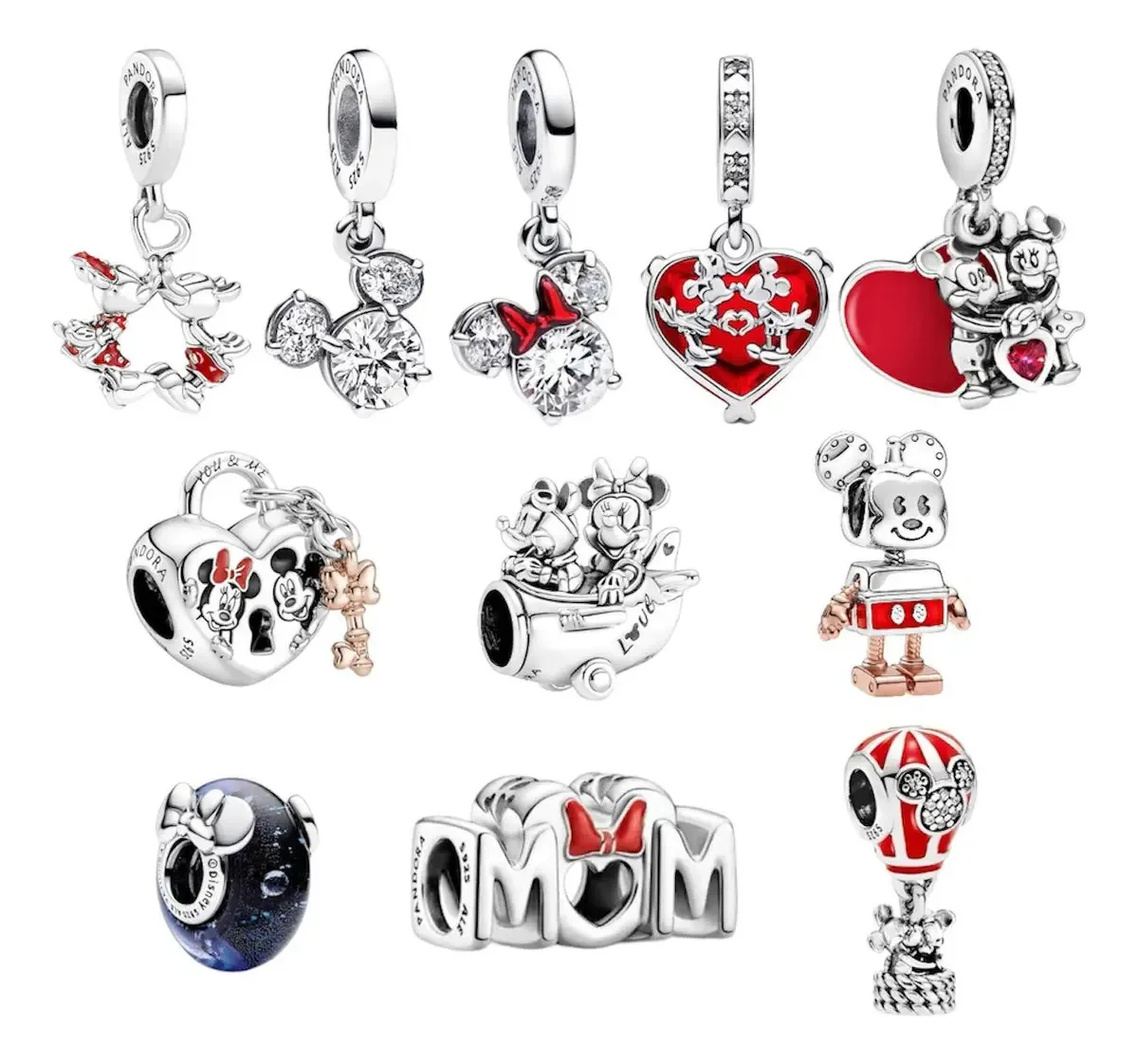 Pingentes Pandora Mickey & Minnie, cor prata, S925, cor de avião