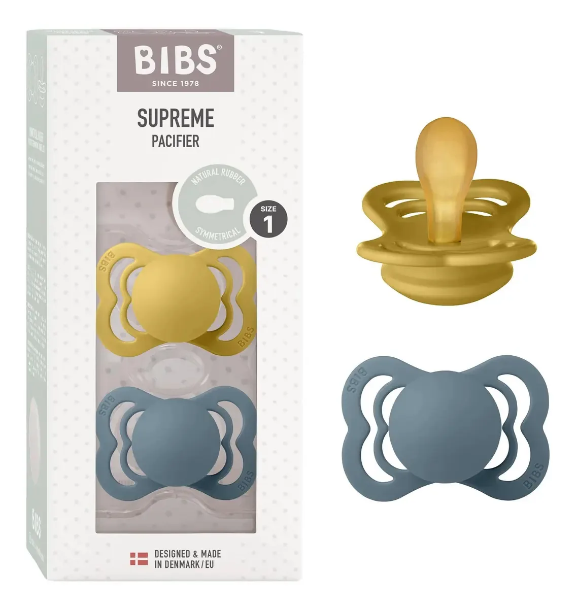 Bibs Supreme — conjunto de 2 chupetas para bebês, feitas de mostarda/gasolina de cor E.