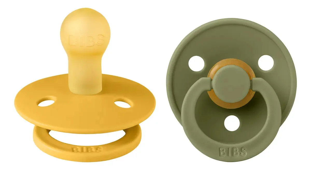 Conjunto de chupetas Bibs, 2 chupetas naturais sem bpa, 0 a 6 m, tamanho 1, nome do design, cor do mamilo redondo, cor do mamilo, abelha e azeitona, período de idade de 0 a 6 meses