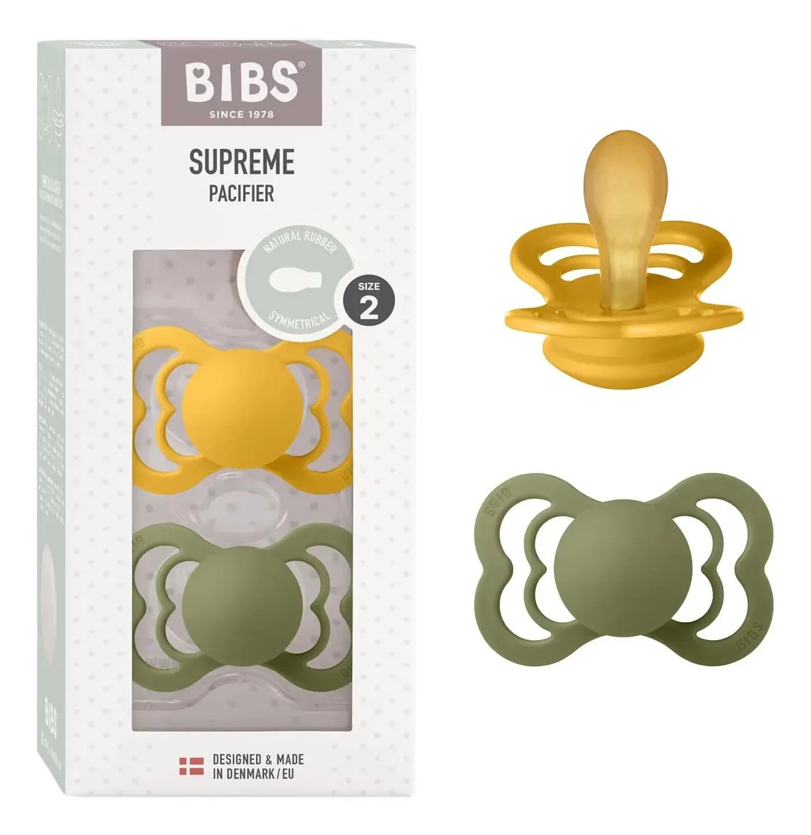 Bibs Supreme — conjunto de 2 chupetas para bebês, feitas de E. Cor mel de abelha/oliva