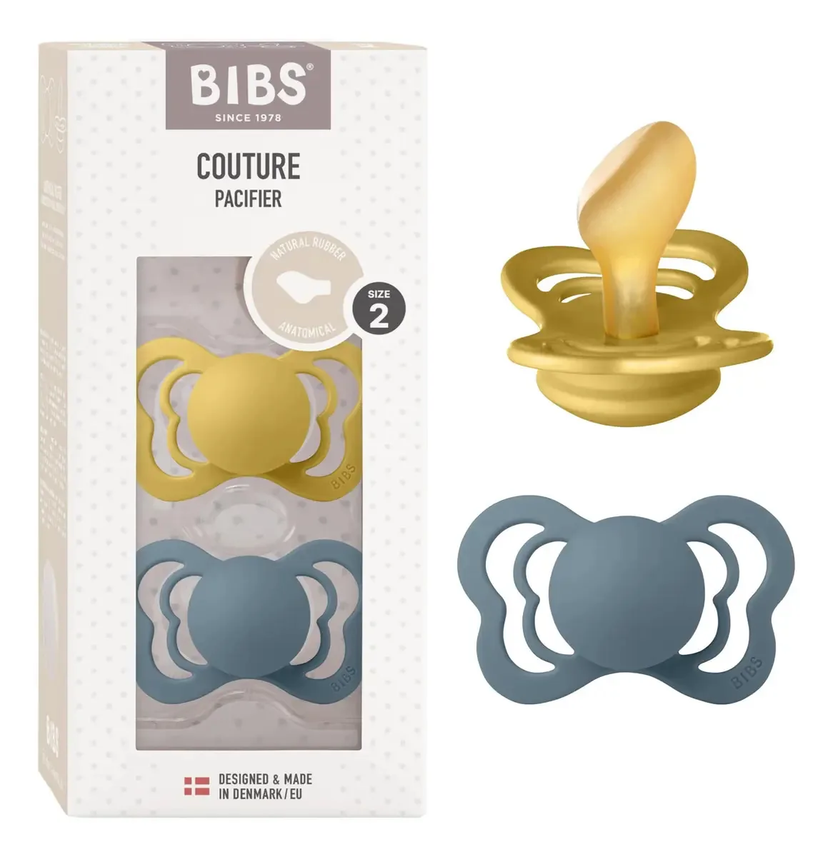 Bibs Couture — pacote de 2 chupetas para bebês, fabricadas. Cor mostarda/gasolina