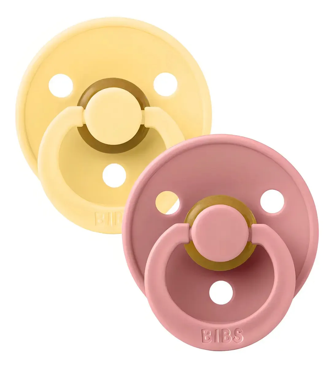 Conjunto de chupetas Bibs 2 Natural Libre Bp 6-8 m de altura, 2 cores, manteiga pálida, rosa escuro, redondas, chupetas de borracha natural, período de idade: 6 a 12 meses