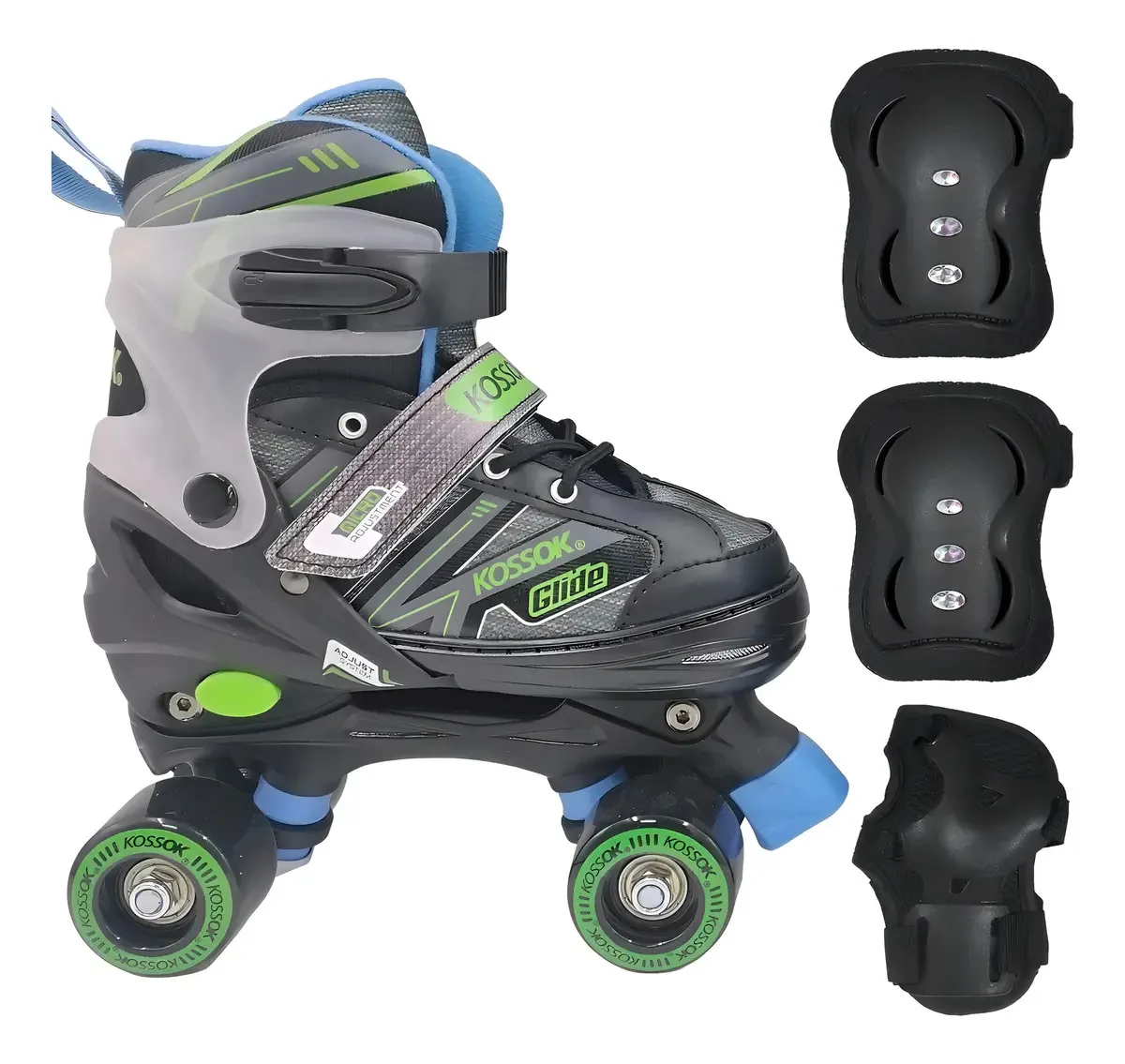 Patins extensíveis de 4 rodas Kossok 54 mm com proteções S (31-34) 5,4 cm preto/verde